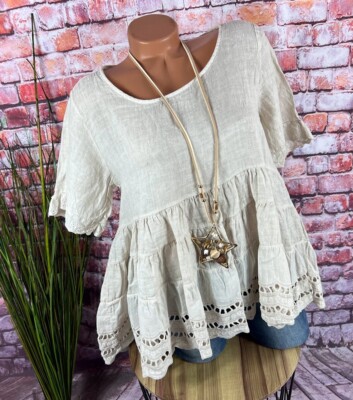 Bohemian rein Leinen Tunika Bluse A-LINIE Italy Richelieu NATUR 36 38 40