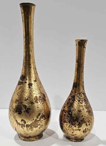 Vintage Pair of Japan Brass? Bud Vases Gold Black Mottled Design 8.5" & 6.5"