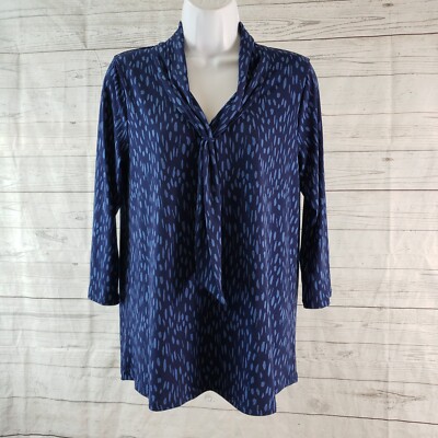Beacon Stitch Fix Womens Delaney Tie Neck Knit Top Sz Medium Blue 3/4 Sleeve