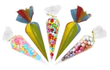 Empty Sweet Cones - Kids Birthday Party Cone Favour Bag - Rainbow OR Clear + Tie