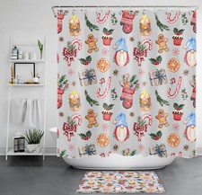 Red Candy Funny Gnome Grey Christmas Shower Curtain Set for Bathroom Decor