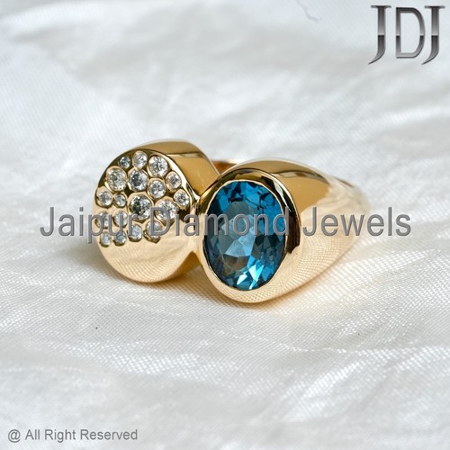 Double Cut White Diamond Blue Topaz Gemstone Solid 14k Yellow Gold Jewelry Ring - Picture 19 of 24