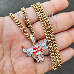 Authentic SIMULATED DIAMOND GOLD PLATED BULL PENDANT 18" ~ 24" CUBAN CHAIN NECKLACE