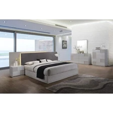 5PC Queen Size Modern Bedroom Set, Lacquer Finish LED Lighting, Silver/Gray