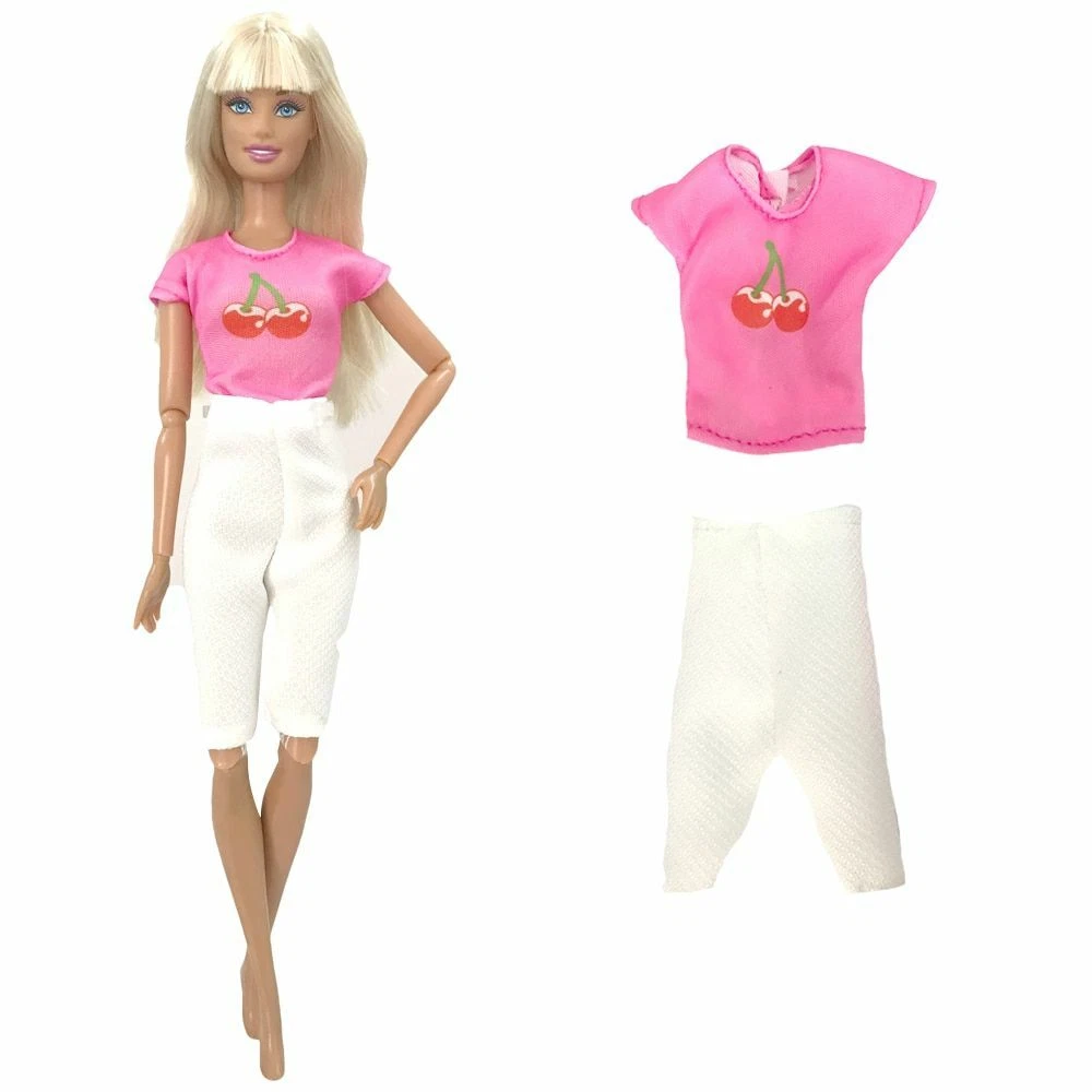 Doll Clothes Pink Shirt Fruit Cherry White Short Trousers Accessories For Barbie