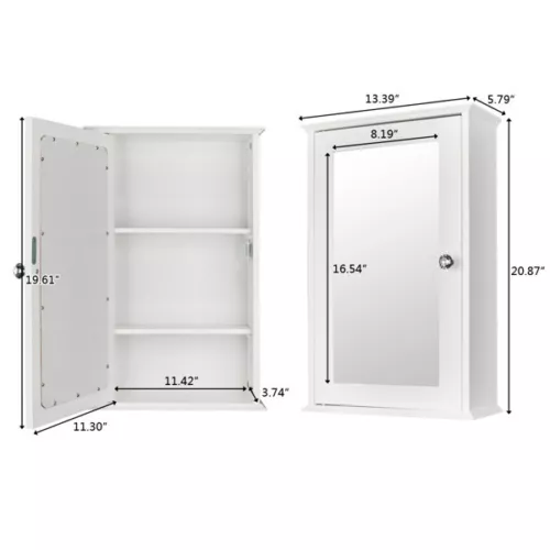 Adjustable Shelf White Single Door Mirror Indoor Bathroom Wall Mounted Cabinet