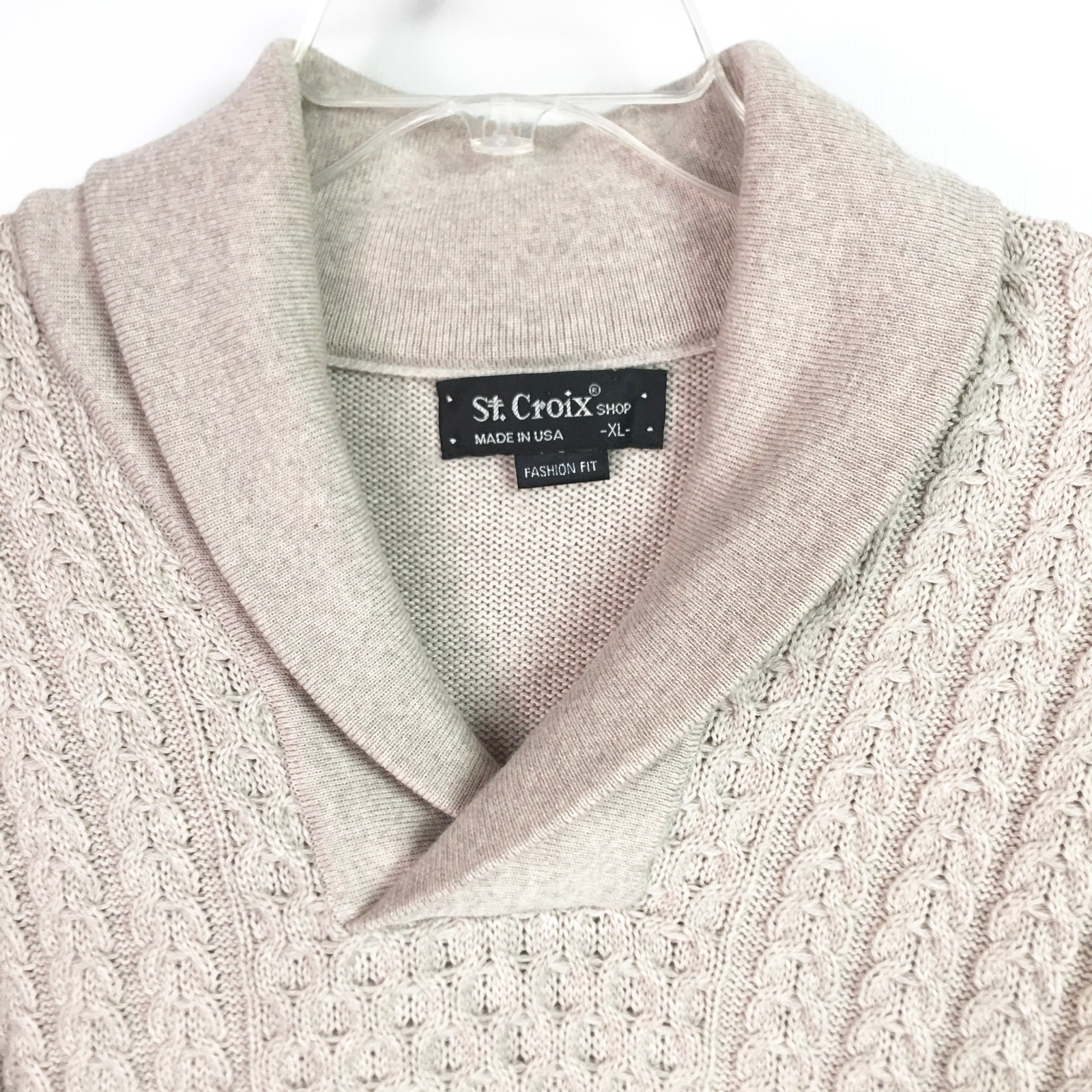 St Croix Mens XL Fisherman Sweater Shawl Collar Beige Wool Cable Knit USA Made