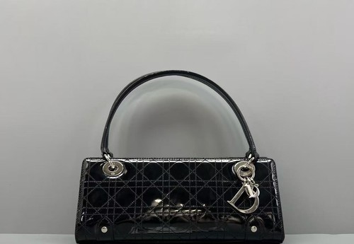 Dior Lady Dior East-West Shoulder Bag Black Patent Cannage Leather Silver AUTH