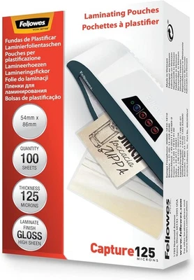 Fellowes Capture 54x86mm 125 Micron Glossy Laminating Pouches (Pack of 54x86