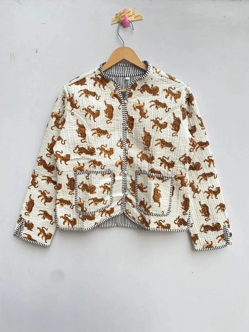 Indian White Tiger 100% Cotton Quilted Unisex Jackets Womens Clothing Jackets US