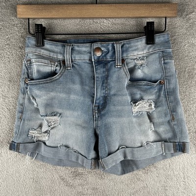 Aeropostale Flex Effects High Waisted Midi Shorts 6 Womens Distressed Blue Denim