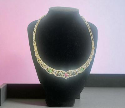 Vintage FAS THAI 925 Sterling Silber Gold Vermeil Jade Saphir Rubin Floral Halskette
