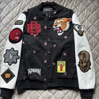Reason Streetwear Patchwork Varsity Jacket Mens M Black/White