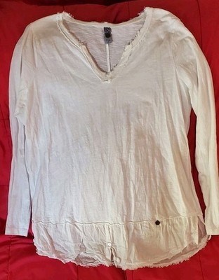 Women TREDY White Cotton Blend Long Sleeve Tunic Tee Sz 2 (L) Made In Turkey 