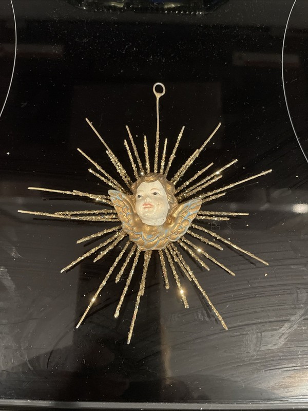Vintage Angel Cherub Head Wings Christmas Ornament Metal Glitter Starburst