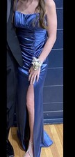 Blue Formal Evening Gown with Slit and Ruched Bodice