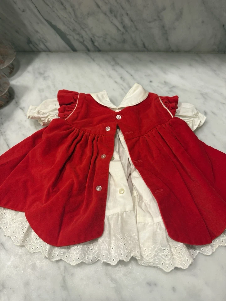 Vintage Baby Girl Dress 3–6 Red Velour White Eyelet Lace Holiday Dress - Image 3 of 4
