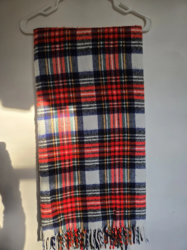 Throw Blanket Plaid Tattersall Wool Large Scarf Wrap Fringe Check ~2x4 Ft  - Image 2 of 4