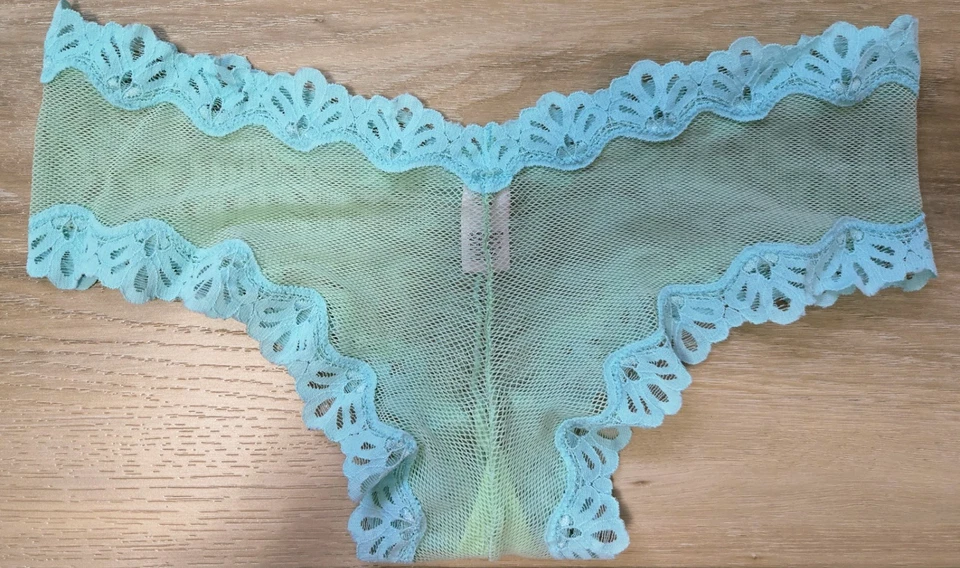 Bragas descaradas brasileñas vintage Victoria's Secret verde malla transparente encaje aguamarina L Foto 2 de 3