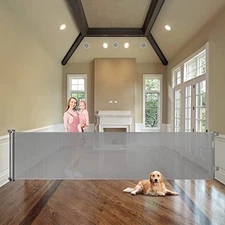 WOMHOM 100 Inch Extra Wide Baby Gate Large Opening Outdoor Retractable Mesh Gray