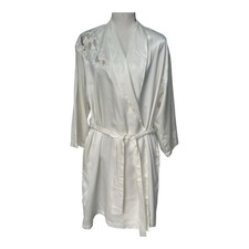 Vtg Natori Satin Ivory Bridal Robe Cottagecore Floral Applique Kimono