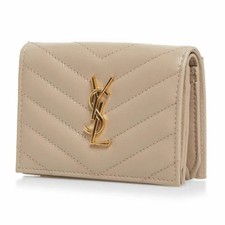 Saint Laurent Textured Monogram Card Wallet Beige Leather