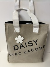 Marc Jacobs Daisy Fragrances Shimmery Gold Tone  White Tan Burlap Canvas Tote
