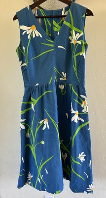 Vintage Malia Honolulu Blue Dress Hawaii POCKET Floral Flower White Daisies  S/M | eBay