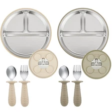 2 Pack Stainless Steel Baby Suction Plates & 2 Pack Spoons and Forks Set, Tod...