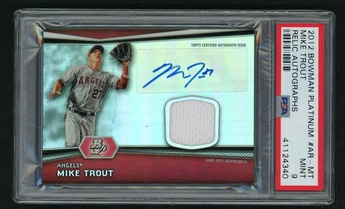 MIKE TROUT SIGNED 2012 BOWMAN PLATINUM GAME USED JERSEY RELIC ROOKIE CARD PSA 9