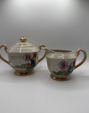 VINTAGE Japanese Lusterware Iridescent Hand-Painted Sugar and Creamer Bowl Set