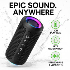 Portable Bluetooth Speaker IPX7 Waterproof Stereo Bass 30H Playtime LED Light