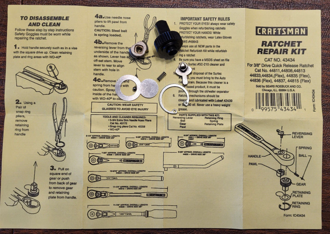 Craftsman Ratchet Repair Kit 43434 3/8" Drive Quick Release eBay