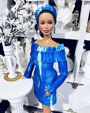 OOAK Curvy Fashion Doll size Chic Blue Streak Cocktail Dress ensemble Last One 