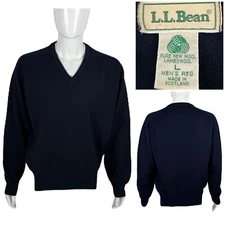 LL Bean Mens Large Sweater 100% Lambswool Crewneck Made in Scotland Blue Vintage