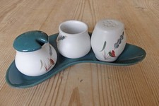 Vintage Bourne Denby Greenwheat 3-teiliges Cruet Set mit Cruet unter Teller