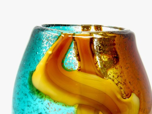 Very Big Murano Art Glass Freeform Outer Strap Silver Leaf Vase Aqua Amber - Picture 10 of 12