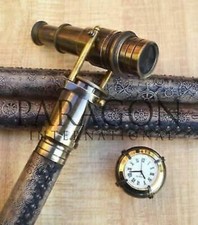 Brass Cane-Hidden Spy Telescope Walking Stick Leather-Watch on Top-Folding Stick