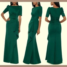 Xscape Pine Green Ruched Scuba Ruffle Gown Size 16 $258
