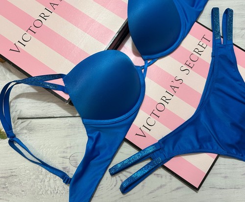 Victoria's Secret Shine Strap Bombshell Push Up Bra 2 piece Set Blue - Picture 5 of 5