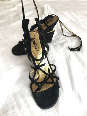 Yves Saint Laurent YSL Archival Stacked Stiletto Wedge Suede Gold *RARE* Sandals