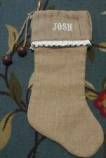 Jute Christmas Stocking Burlap Josh Primitive Holiday Decor Fabric Tan Bells