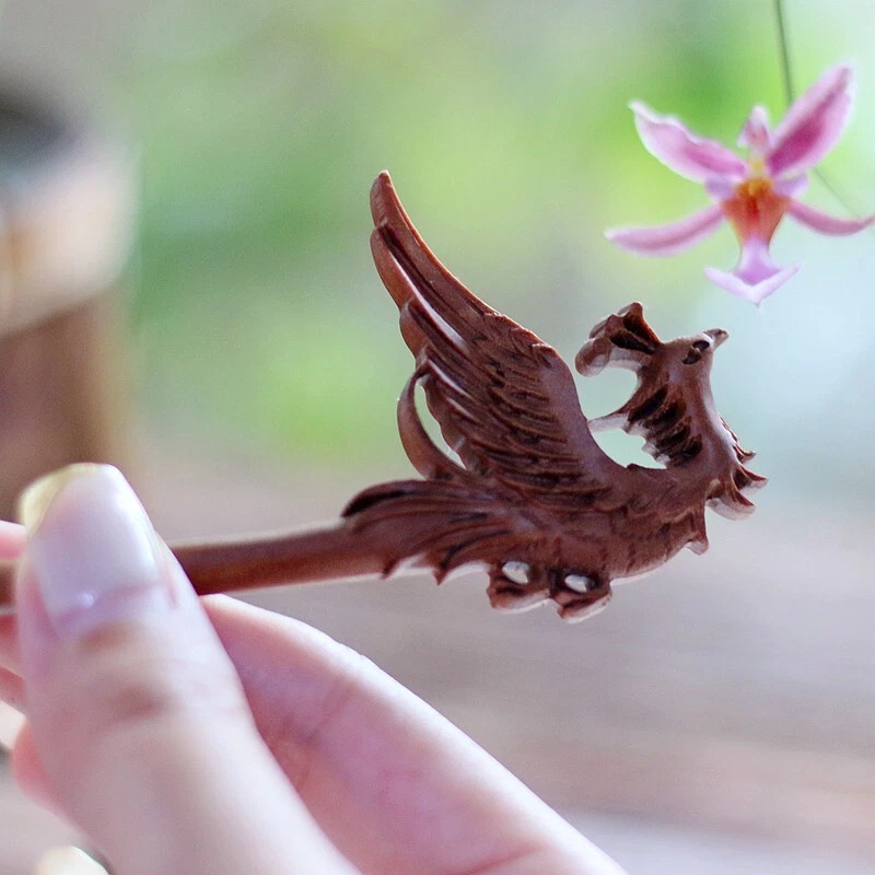 Peach Wood Carved Hair Pin Stick Phoenix Type Fork Updo Bun Outfit Decor - Image 3 of 4