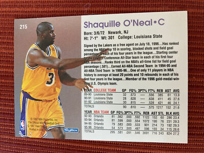 Shaquille O'Neal 1997 NBA HOOPS Fleer/Skybox card #215. LA Shaquille O'Neal 1997 NBA HOOPS Fleer/Skybox card #215. LA