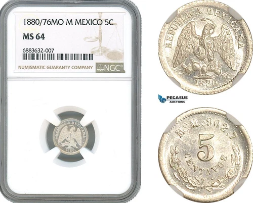 AJ615, Mexico, 5 Centavos 1880/76 MO M, Overdate Variety, Silver, NGC MS64