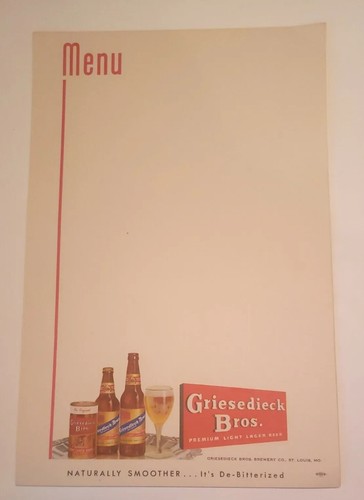 Vintage menu GRIESEDIECK BROS beer Brewery St Louis MO Unused - Picture 1 of 5