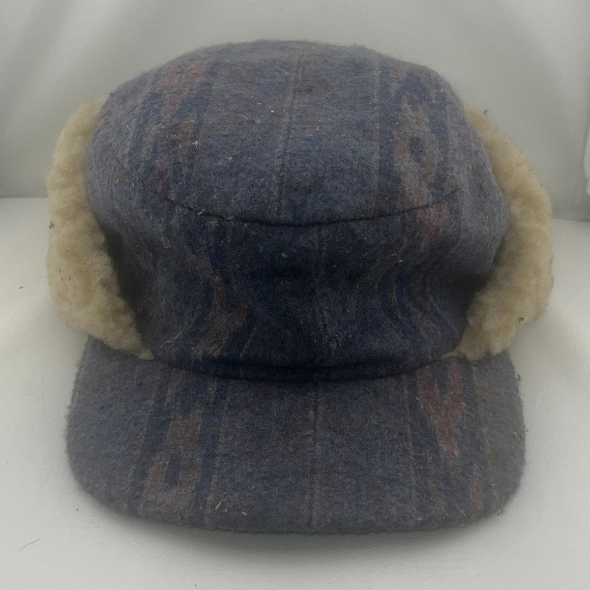 Vintage Made in USA Wool Trapper Hat Blue Striped Faux Shearling