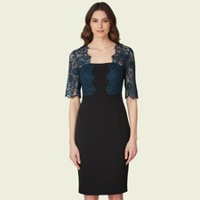 L.K. BENNETT Hou Black, Teal Lace Pencil Dress UK 12 US 8 EU 40