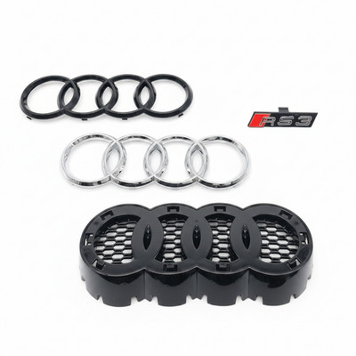 Wabengrill Emblem Halterung Audi Ringe RS3 Kühlergrill Glanzschwarz Chrom