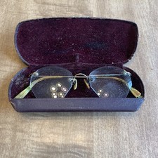 Vintage Antique Hardy 12K Gold Filled Hex Rimless Wire Frame Eyeglasses w/ Case